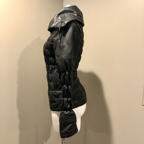 Katherine Barclay Faux Leather Coat Small Black Puffer Stretch Funnel Neck - Picture 3 of 14